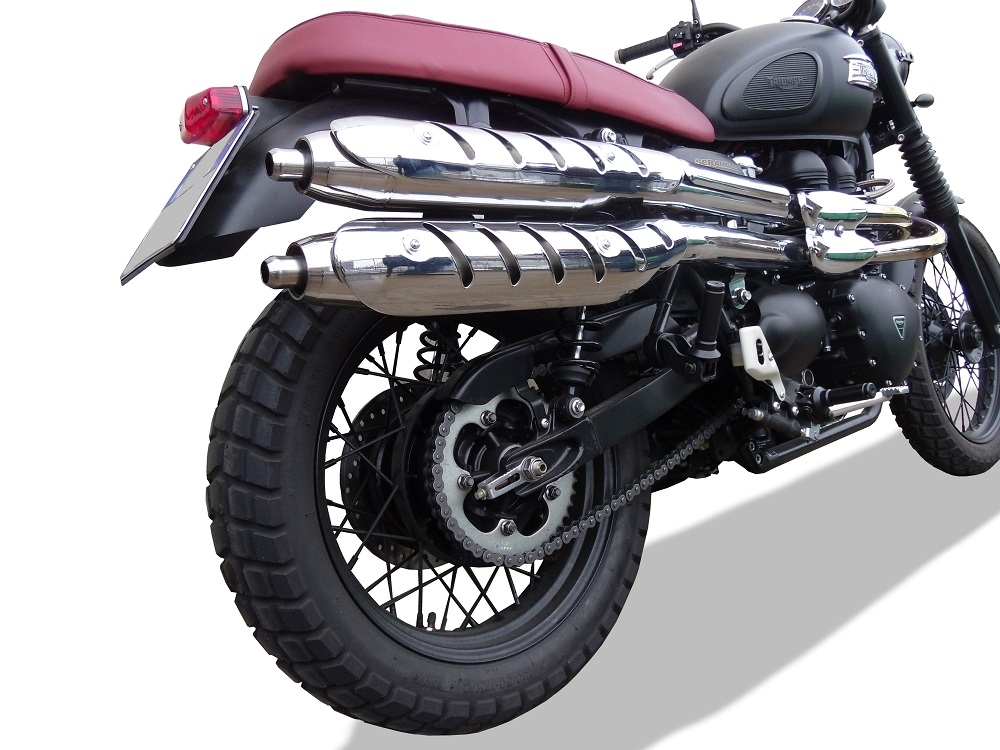 Pot echappement compatible avec Triumph Scrambler 900 2006-2014, Deeptone Inox, Paire de pot d'échappement homologuées, livrées avec db killer amovible et raccords spécifiques 