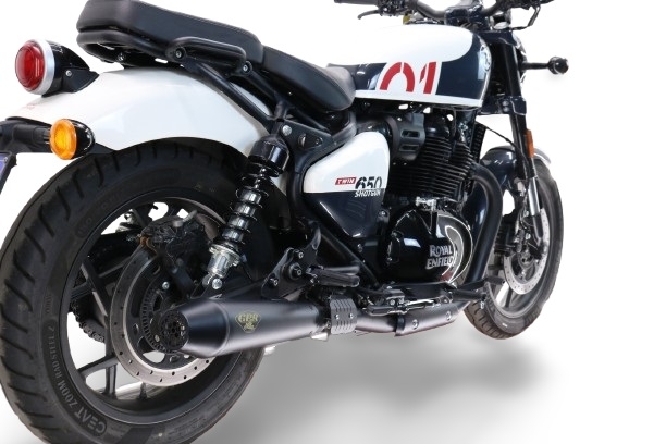 Pot echappement compatible avec Royal Enfield Shotgun 650 2024-2025, Ultracone Black, Pot échappement double, pas légal pour les pays membres de l'UE, compris db killers amovibles et les tuyaux de liaison 