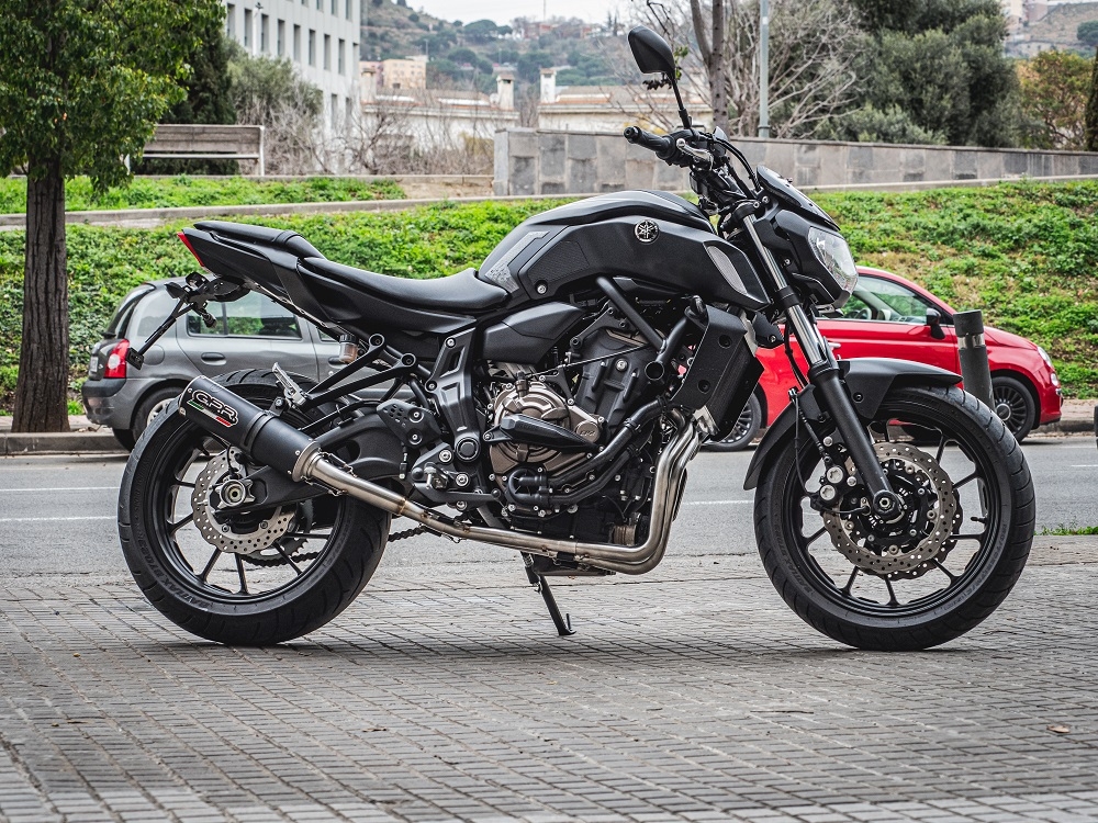 Pot echappement compatible avec Yamaha Mt-07 2017-2020, M3 Black Titanium, Pot échappement complet, non légal pour les pays de l'UE, avec db killer amovible 