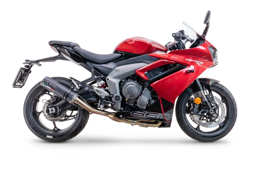 Pot echappement compatible avec Triumph Daytona 660 2023-2025, M3 Black Titanium, Pot échappement complet, non légal pour les pays de l'UE, avec db killer amovible 