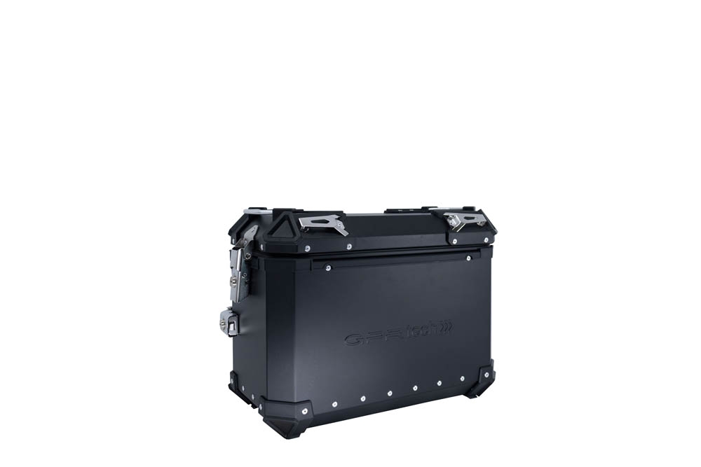 GPR TECH compatible with  Ktm Adventure 790 2021/2024 e5 Paire de valises latérales en aluminium avec côté droit profilé, couleur noire avec support de valise spécifique Capacité 38 LT. + 32 LT.