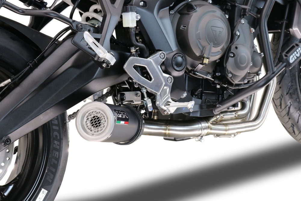 Pot echappement compatible avec Triumph Tiger Sport 660 2022-2024, M3 Black Titanium, Pot échappement complet, non légal pour les pays de l'UE, avec db killer amovible 