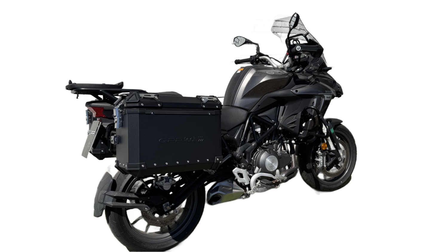 GPR TECH compatible with  Benelli Trk 502 X 2021/2024 e5 GPR TECH Pair of side cases aluminum made, black color with specific pannier holder Capacity 38 LT. + 38 LT.