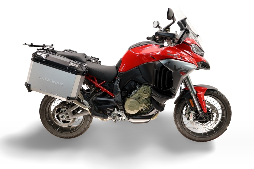 GPR TECH compatible with  Ducati Multistrada V4 - V4S 2025/2026 Paire de valises latérales en aluminium avec côté droit profilé, couleur argent avec support de valise spécifique TECH-EVO  Capacité 38 LT. + 32 LT.