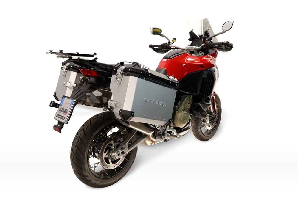 GPR TECH compatible with  Ducati Multistrada V4 - V4S 2025/2026 Paire de valises latérales en aluminium avec côté droit profilé, couleur argent avec support de valise spécifique TECH-EVO  Capacité 38 LT. + 32 LT.