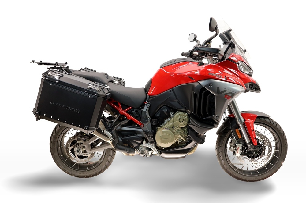 GPR TECH compatible with  Harley Davidson Pan America 1250 2020/2024 Paire de valises latérales en aluminium avec côté droit profilé, couleur noire avec support de valise spécifique TECH-EVO  Capacité 38 LT. + 32 LT.