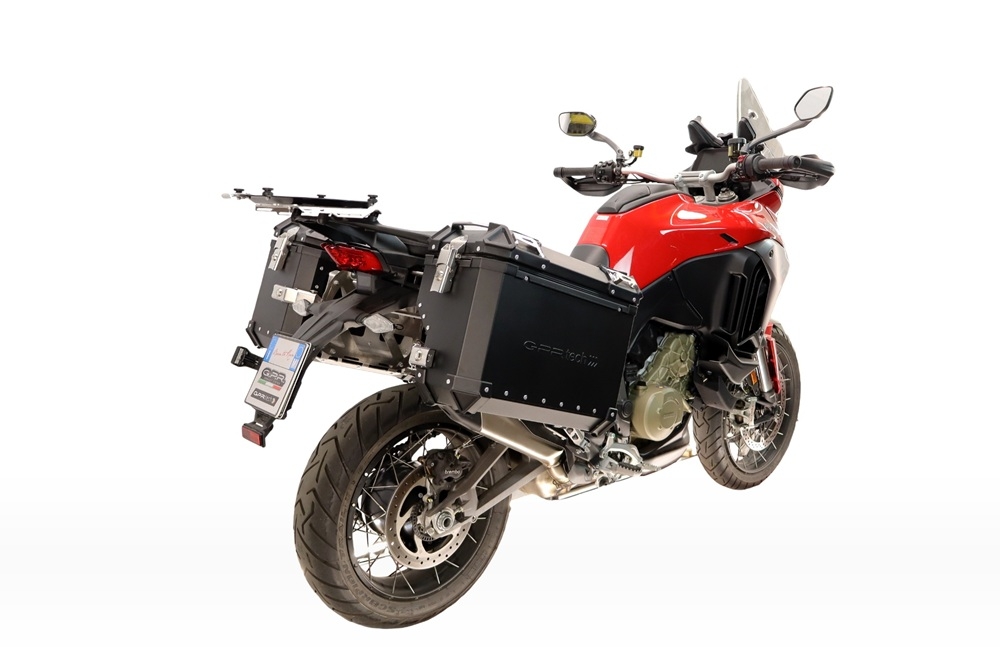 GPR TECH compatible with  Harley Davidson Pan America 1250 2020/2024 Paire de valises latérales en aluminium avec côté droit profilé, couleur noire avec support de valise spécifique TECH-EVO  Capacité 38 LT. + 32 LT.