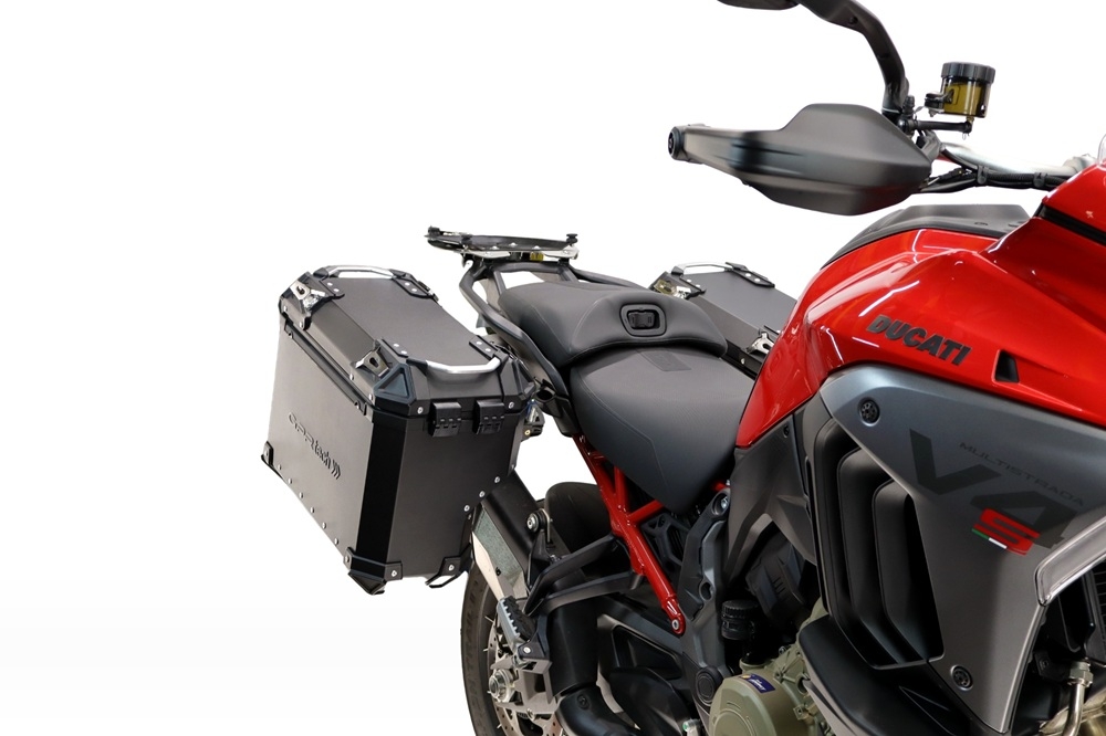 GPR TECH compatible with  Harley Davidson Pan America 1250 2020/2024 Paire de valises latérales en aluminium avec côté droit profilé, couleur noire avec support de valise spécifique TECH-EVO  Capacité 38 LT. + 32 LT.