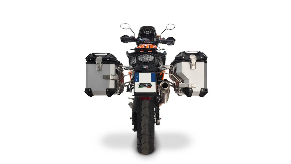 GPR TECH compatible with  Ktm Lc 8 Adventure 1190 2013/2016 e3 GPR TECH Pair of side cases aluminum made with contoured right side, silver color with specific pannier holder Capacity 38 LT. + 32 LT.