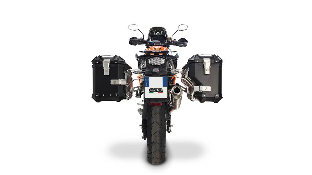 GPR TECH compatible with  Ktm Lc 8 1290 Super Adv 2015/2016 e3 GPR TECH Pair of side cases aluminum made with contoured right side, black color with specific pannier holder Capacity 38 LT. + 32 LT.
